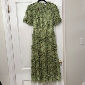 Mac Duggal Short Sleeve Mesh Green Floral Midi Dress